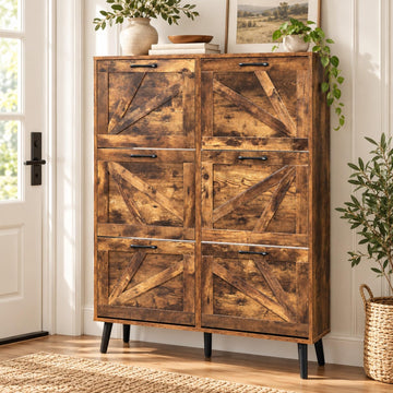 6 Flip Drawer Shoe Cabinet, Barn Door Entryway Storage, Rustic Brown
