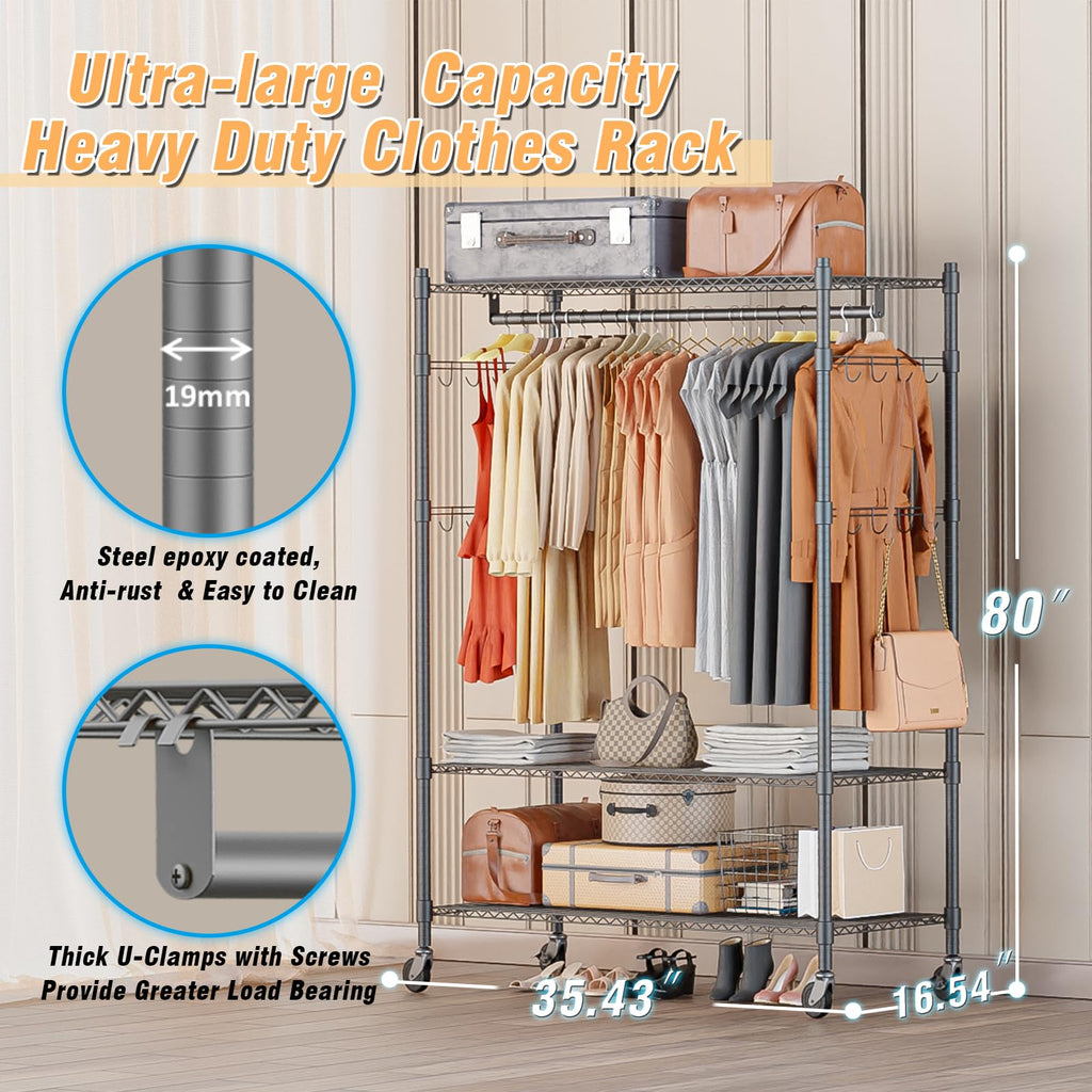 Heavy Duty Rolling Clothing Rack, Adjustable Garment Rack with 3 Tier Storage Shelves, Freestanding Closet Wardrobe