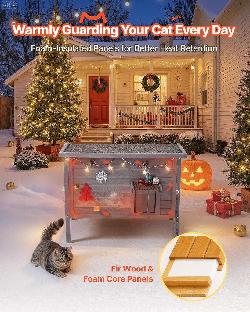 Heated Outdoor Cat House, Insulated Wooden Cat House for Cats, Waterproof Feral Kitty Shelter with Heating Pad, PVC