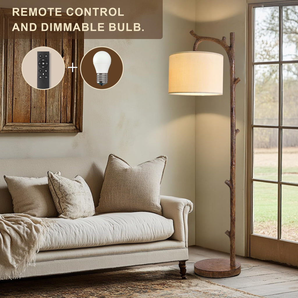 Retro Farmhouse Floor Lamp with Remote Rustic Standing Lamps Tree Trunk Deco Modern Country Vintage Wood Floor