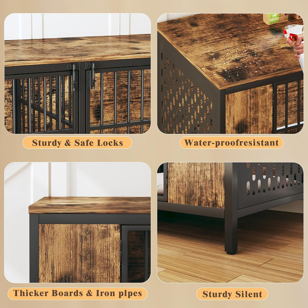 63" Large Double Dog Kennel Furniture for 2 Dogs - Extra Sturdy XXL Metal & Wooden Medium Dog Cage with Removable