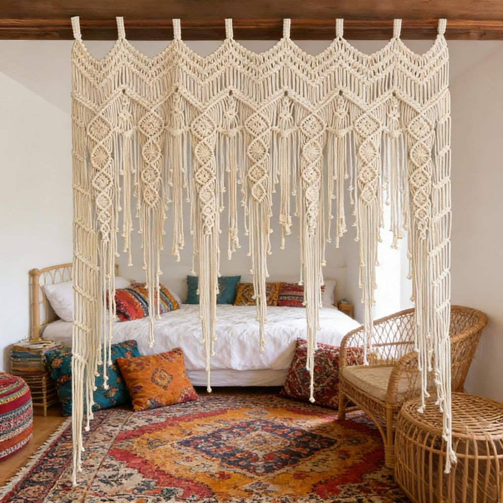 Macrame Valance Curtain for Kichen Windows 41.33 * 53.15Inch Farmhouse Boho Curtains Window Tassels Leaf Valance