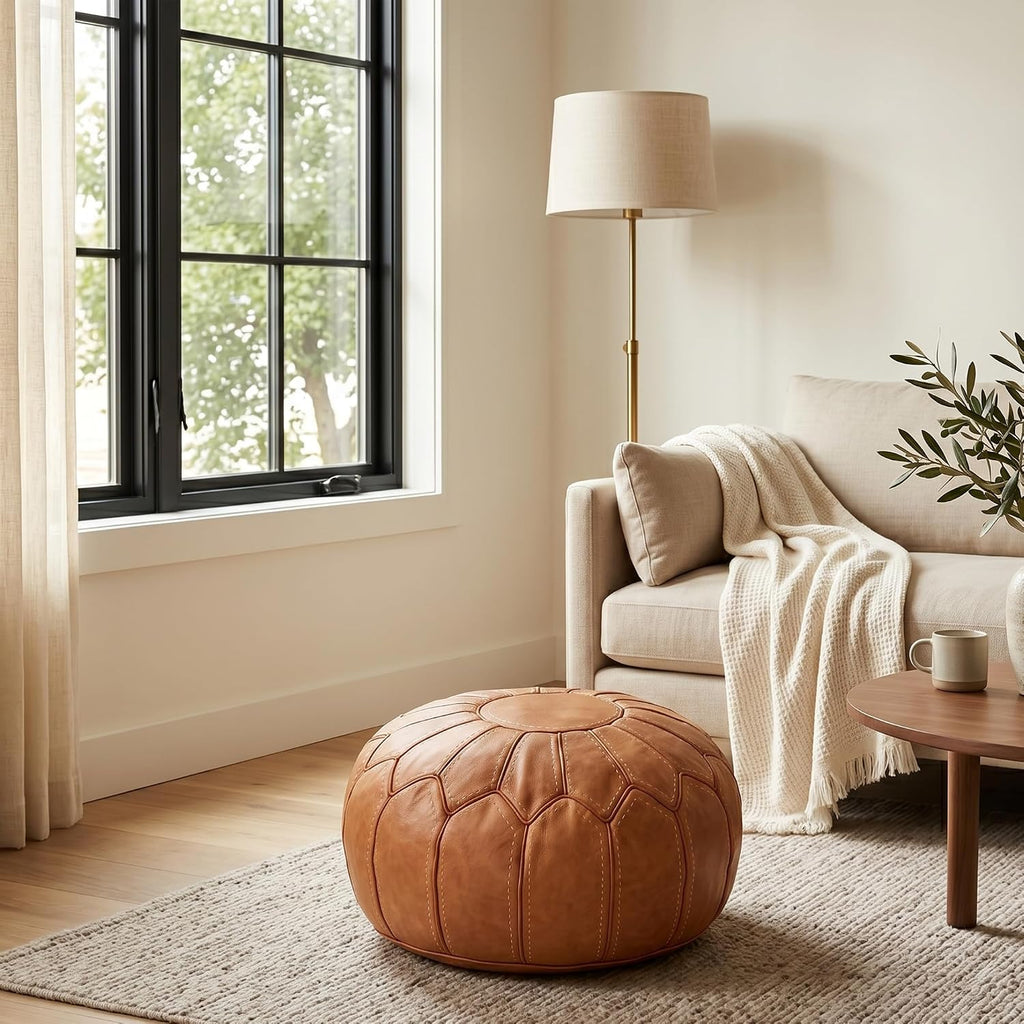 Leather Pouf Ottoman - Round Genuine Leather Footstool, Hand-Stitched Unstuffed Pouf Cover (Cognac Brown)