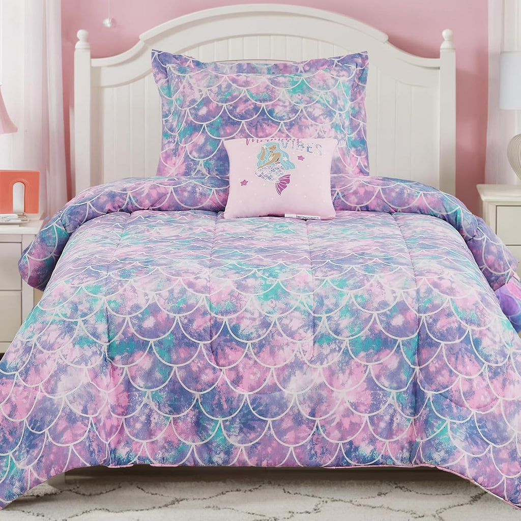Twin Comforter Set for Girls-3 Pieces Mermaid Glow in the Dark Twin Bedding Sets for Kids, 1 Comforter, 1 Sham and 1