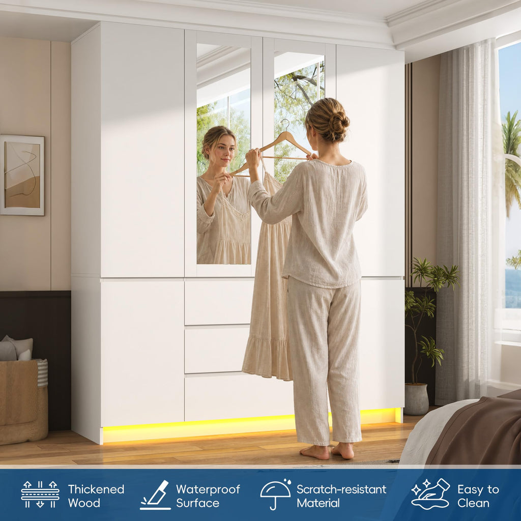 75" Tall Modern Wardrobe Closet with 2 Mirrors, LED Lights, 63"W Armoire Wardrobe Cabinet with 3 Drawers, Hanging