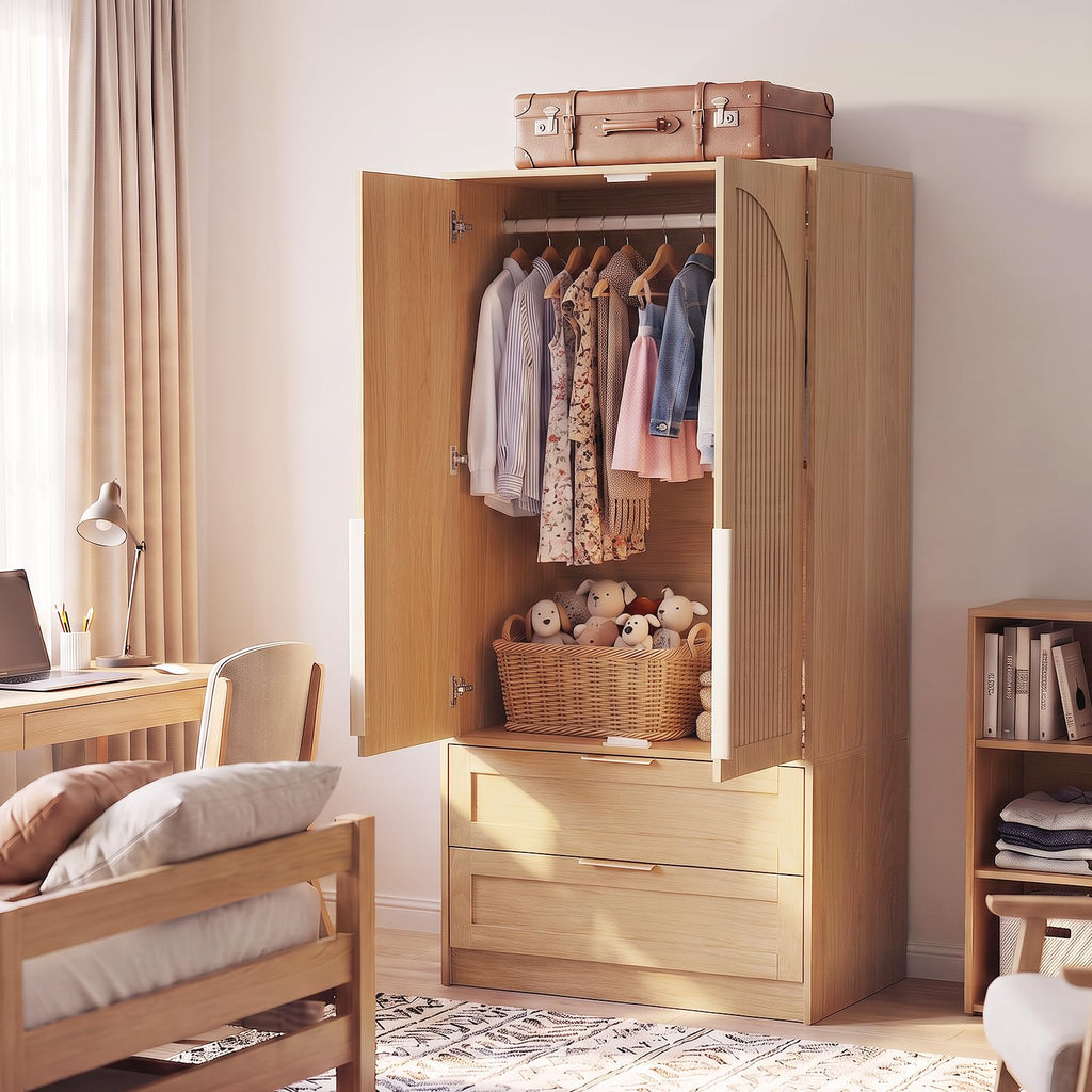 2-Door Armoire Wardrobe 63" H, Arch Carved Door w/Drawers