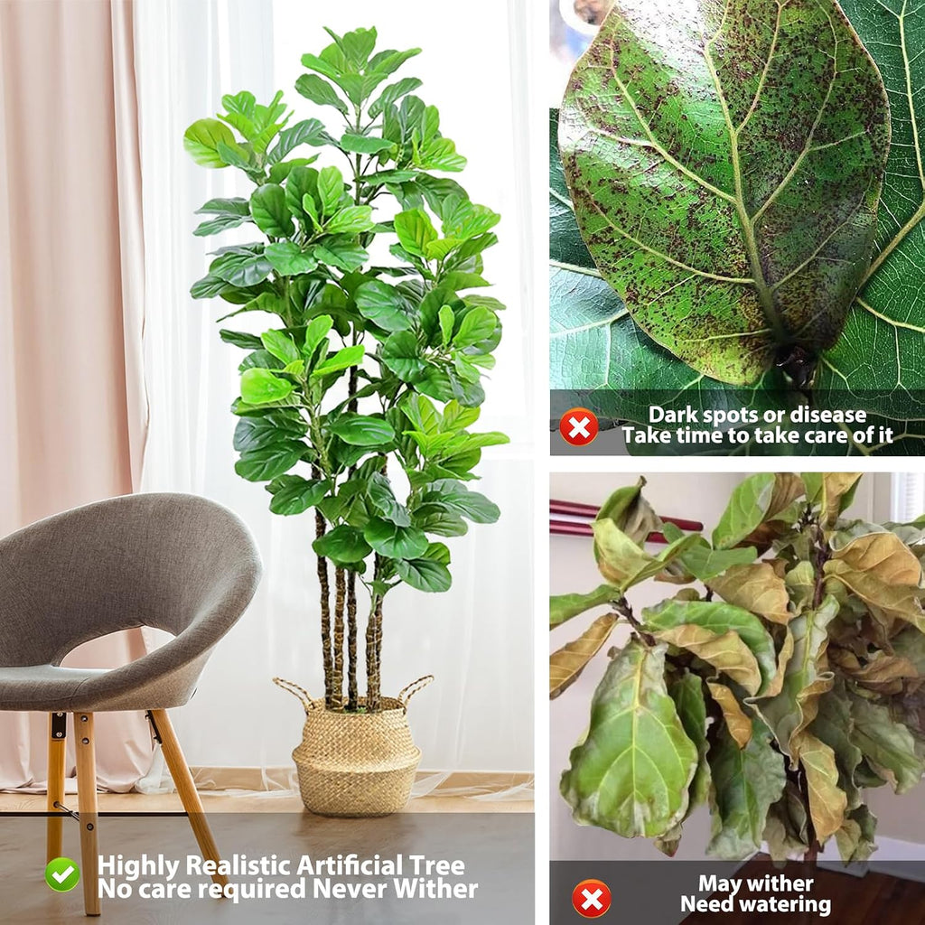 Artificial Fiddle Leaf Fig Tree,7 FT Tall Artificial Tree with Woven Seagrass Plant Basket Fake Floor Plant in Pot