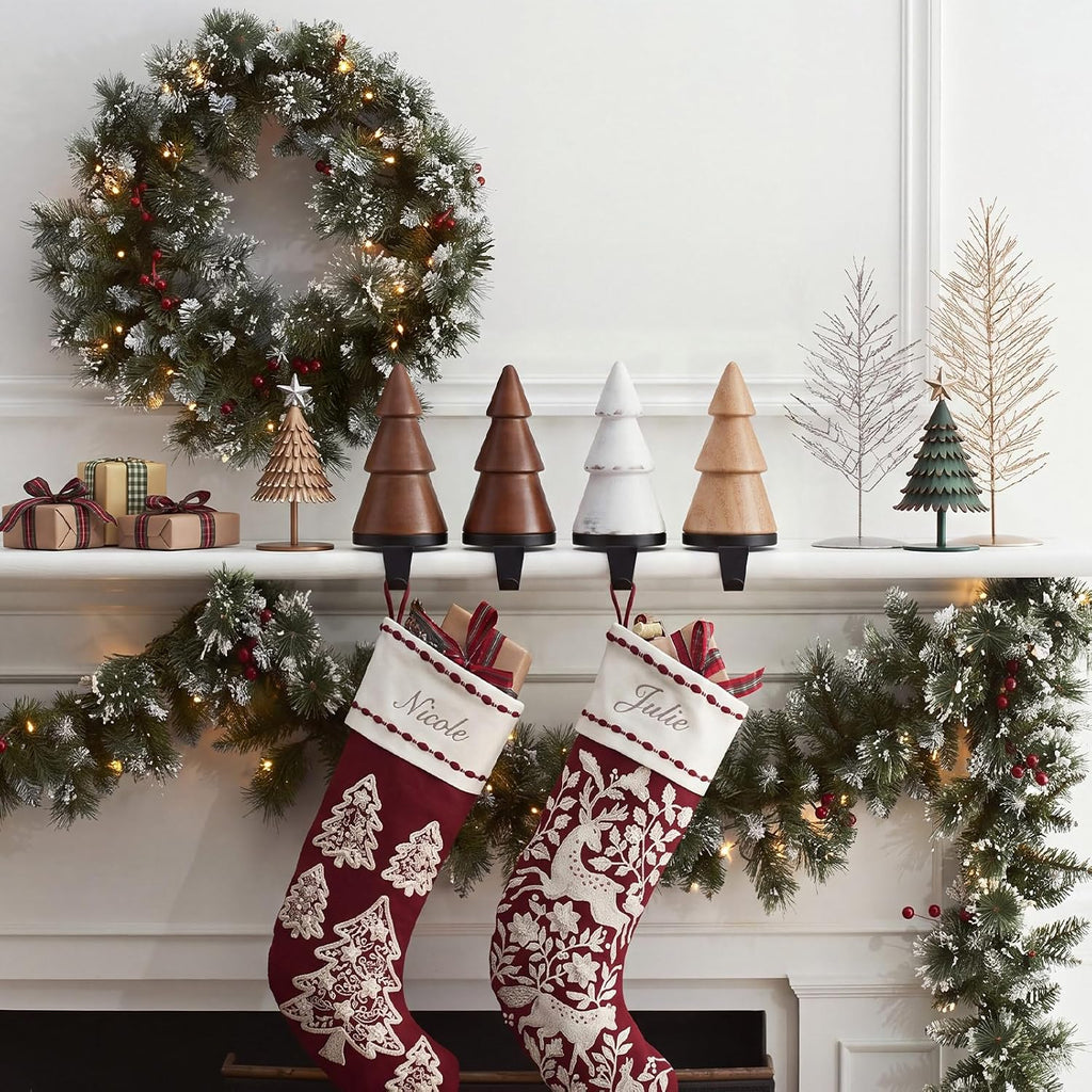 4 Pack Wooden Christmas Tree Stocking Holder for Mantle, Classic