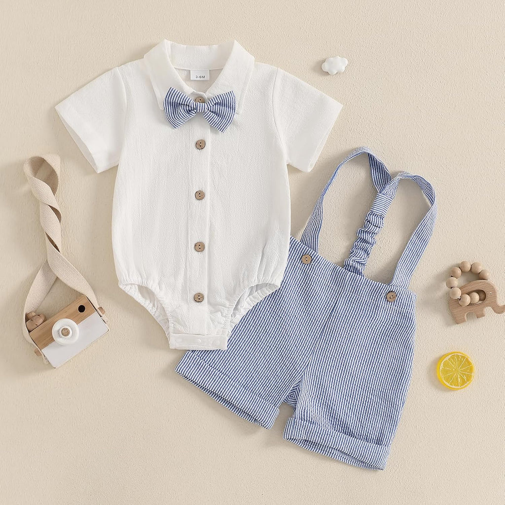 Newbron Baby Boy Summer Outfit Cotton Linen Button Short Sleeve Bowtie Shirt Romper Suspender Shorts Set