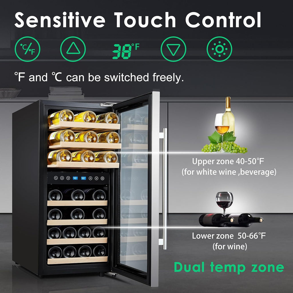 Wine Cooler Refrigerator 16 inch Freestanding Wine Refrigerator 33 Bottles Dual 