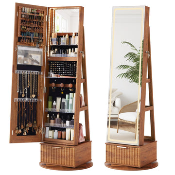 Fluted 360° Swivel Jewelry Armoire Standing with Full Length Mirror