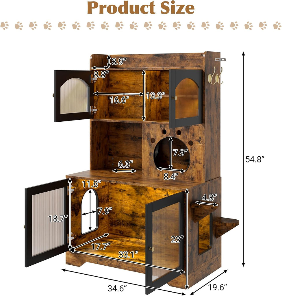 Cat Litter Box Enclosure, Storage Cabinet & Cat Tree, Black and Brown