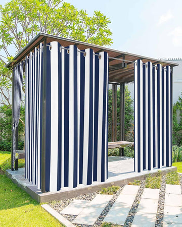 Navy Blue Stripe Outdoor Curtain 108 Inches Long Weighted Bottom Privacy,Deck Porch Gazebo Pergola Balcony Drape