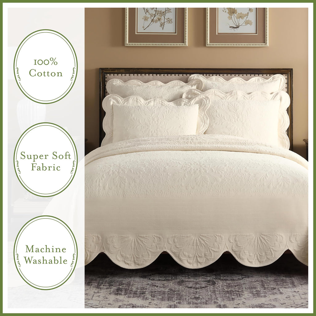 Charleston Charleston Estate Modern Farmhouse Floral Matelasse Coverlet with Scalloped Edges, 100% Cotton Breathable