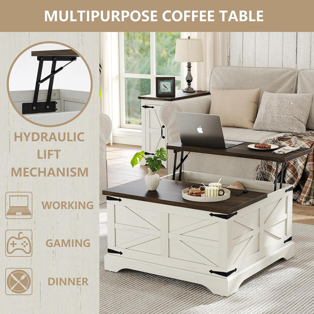 Farmhouse Lift Top Coffee Table, Square Wood Center Table with Large Hidden Storage Compartment