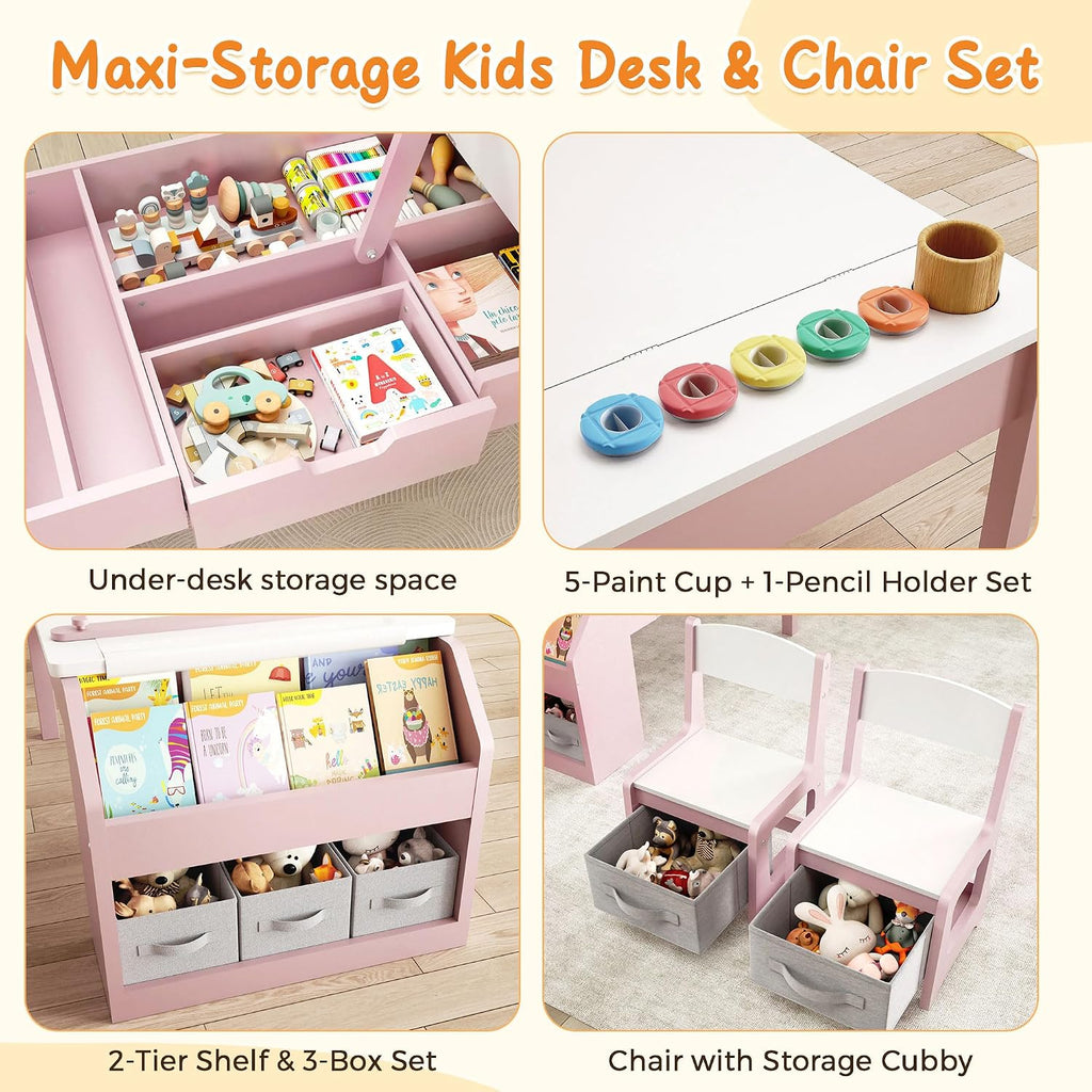 In-1 Kids Art Table and Chairs, Wood Toddler Table and Chair Set with Storage Drawers, Craft Play Desk for Kids