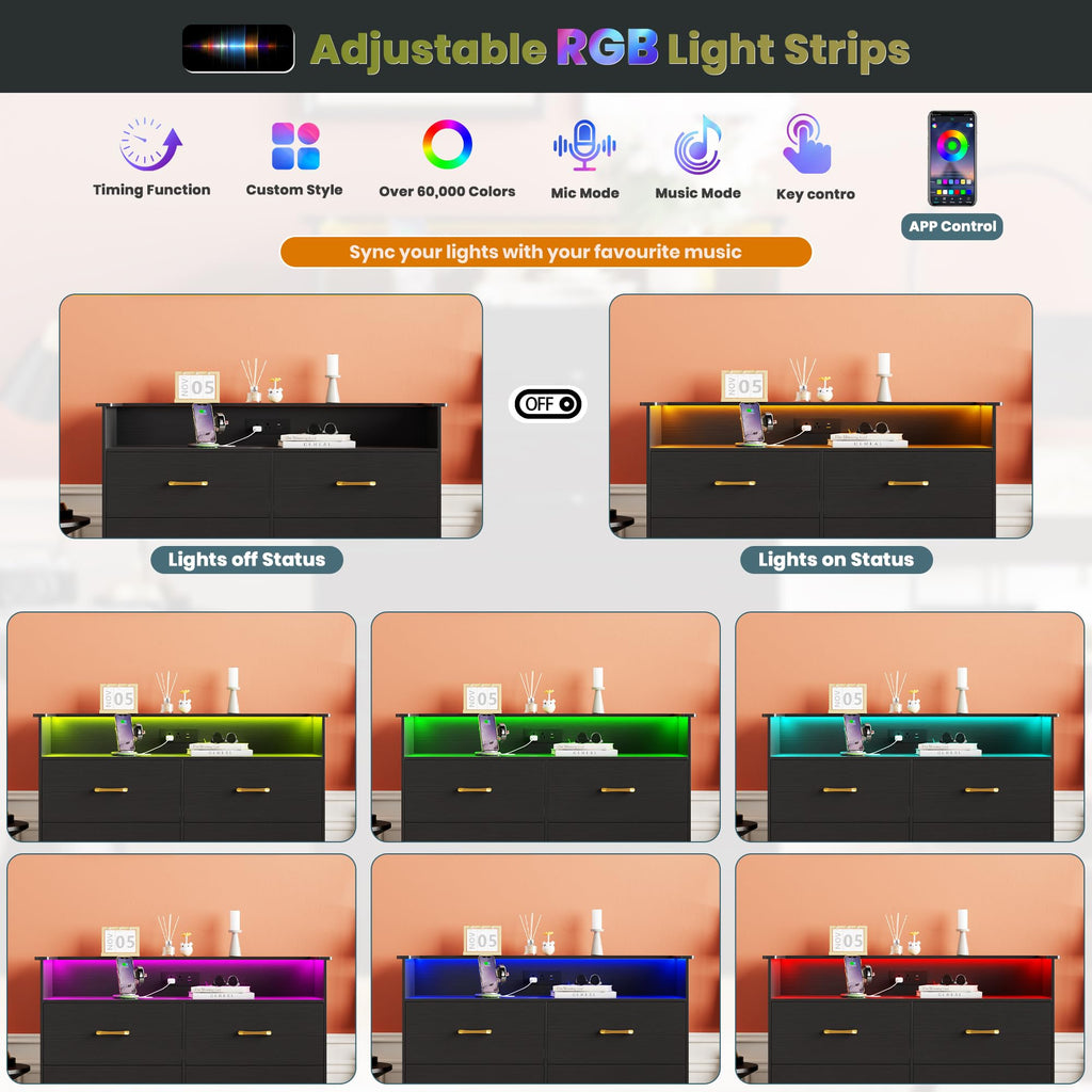 8 Drawer Dresser with LED Light and Charging Station, Black