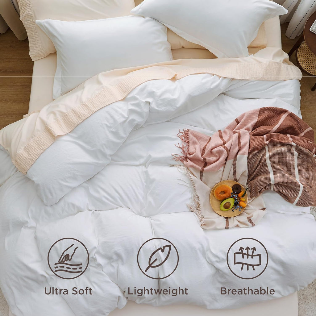 White Duvet Cover Queen - 3 Pieces Prewashed Cotton-Like Polyester Extra Soft Bedding Set, Includes 1 Duvet Cover