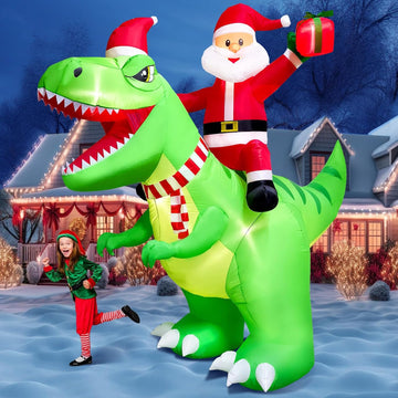 8FT Christmas Inflatable Santa Riding Giant Dinosaur with Scarf & Candy Cane & Xmas Gift Decoration, Christmas Blow