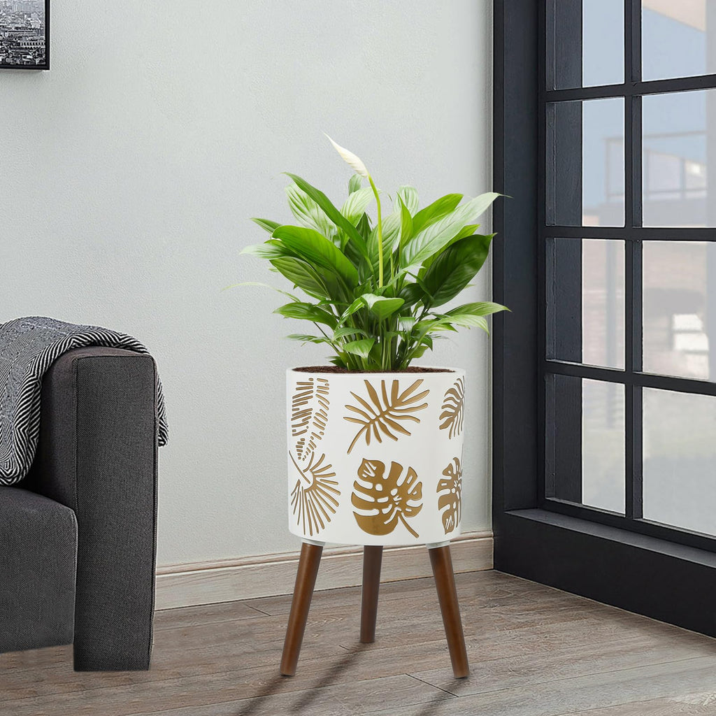 12 Inch Planter, Plant with Stand, Large Planters for Indoor Plants, Flower Pot with Drainage Holes for Outdoor, White