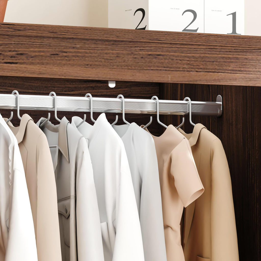 70" Tall Wardrobe Closet with 3 Doors & 3 Drawers, Farmhouse Armoire with Hanging Rod, Wooden Armoire Wardrobe Closet