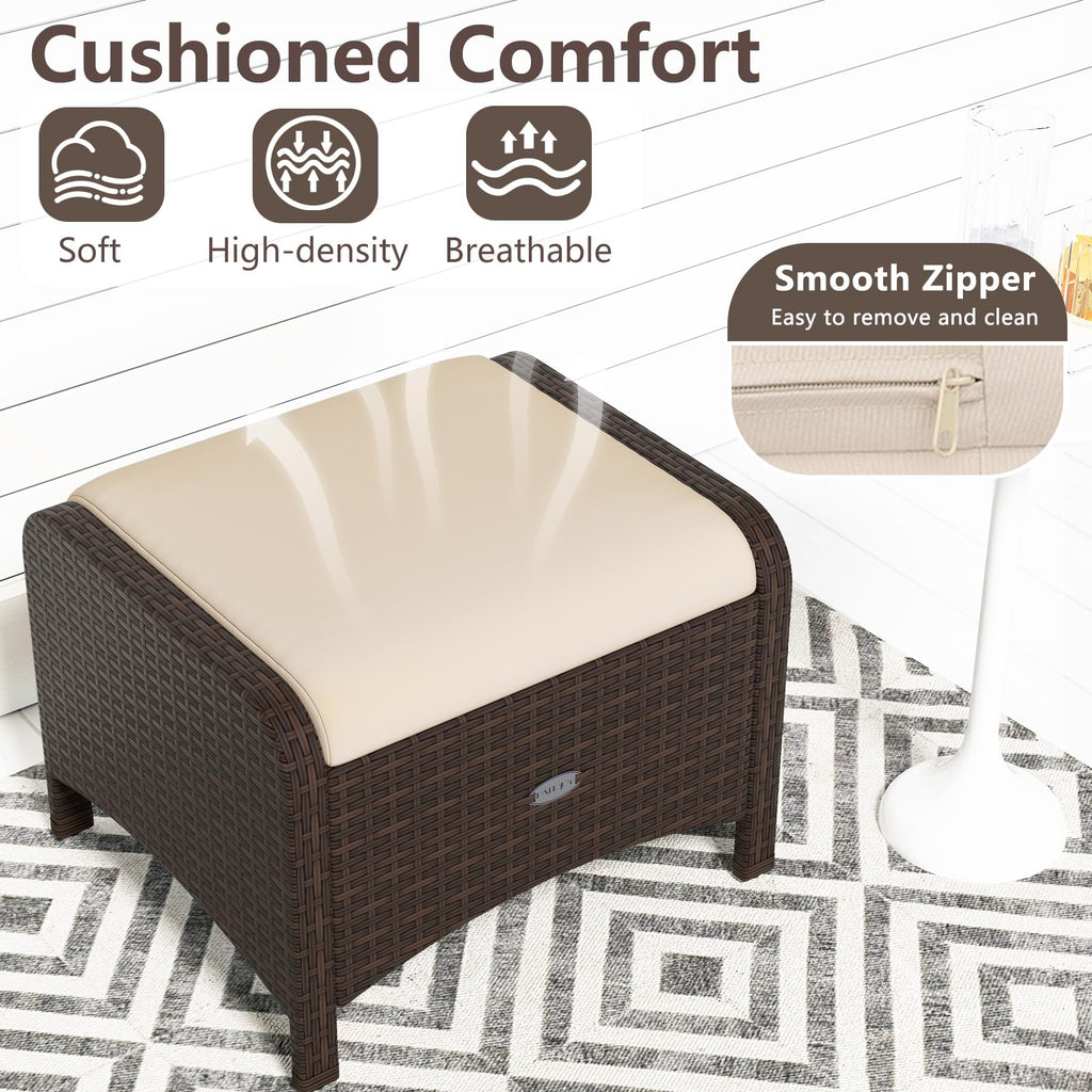Wicker Outdoor Ottomans - Set of 2 Rattan Footstools w/Removable Cushions, Multipurpose Outside Foot Rest, Side Table