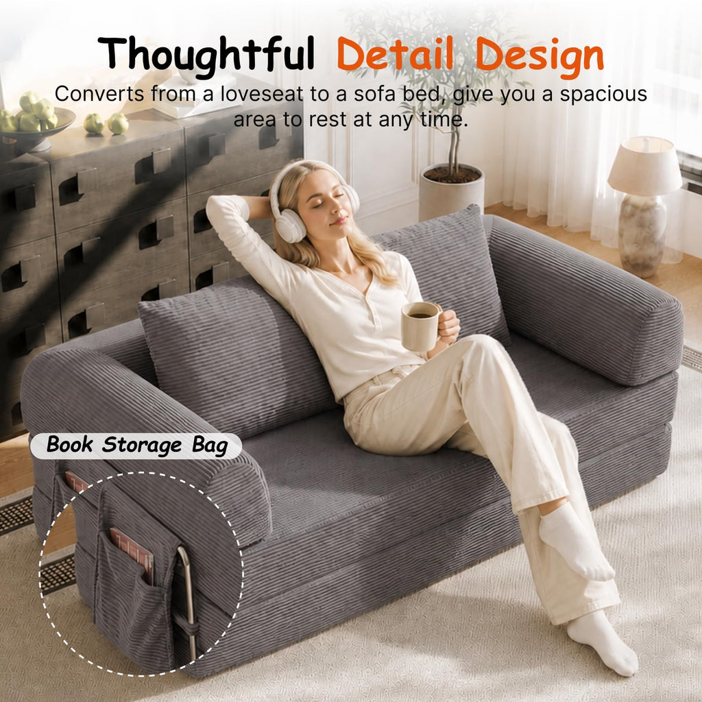 78" Convertible Sofa Bed, Corduroy Pull Out Couch with Fixed Frame & Pocket