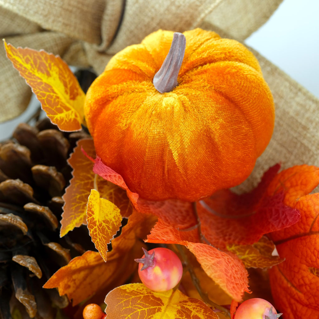 30" Pre-lit Fall Teardrop Swag, Pumpkin Maple Leaf 35 Fairy Light