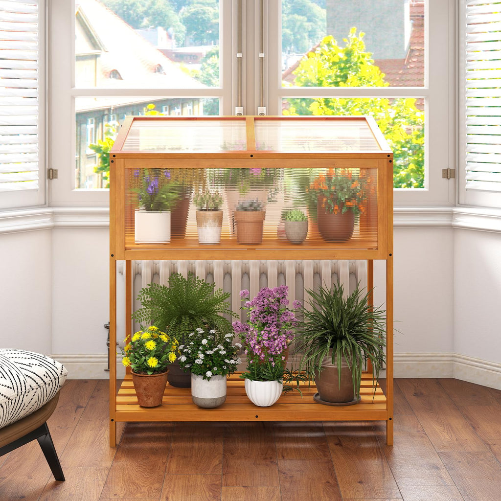 Wood Cold Frame Greenhouse, Raised Flower Planter Protection with Transparent Openable Roof & Slatted Shelf, Indoor
