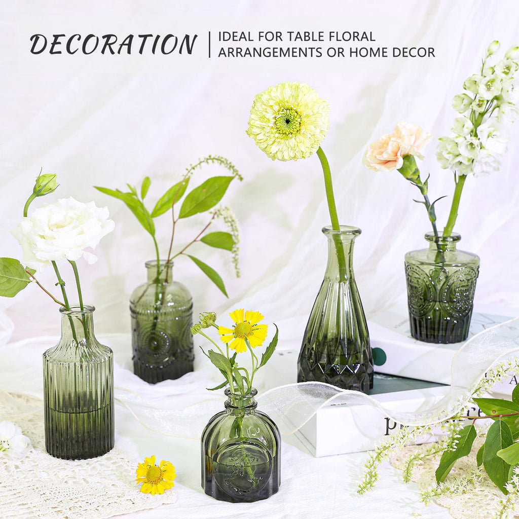 Glass Bud Vase Set of 5, Small Green Flower Vases for Centerpieces
