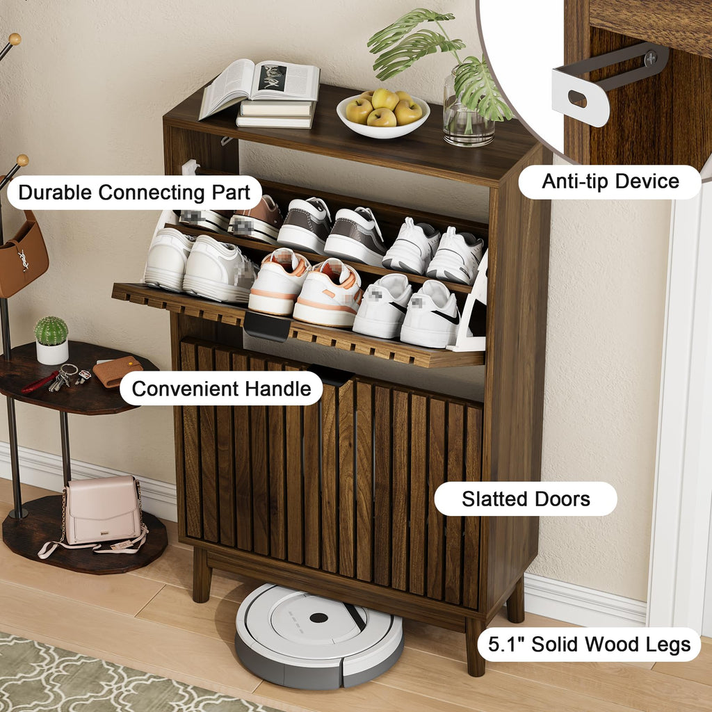 Shoe Cabinet, Shoe Storage Cabinet with 2 Slatted Flip Drawers, Narrow Shoe Organizers, Foyer, Hallway