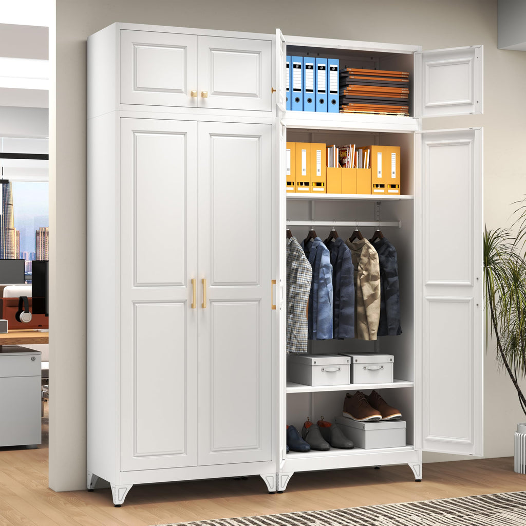 86" Tall White Metal Armoire Wardrobe Closet with Hanging Rod
