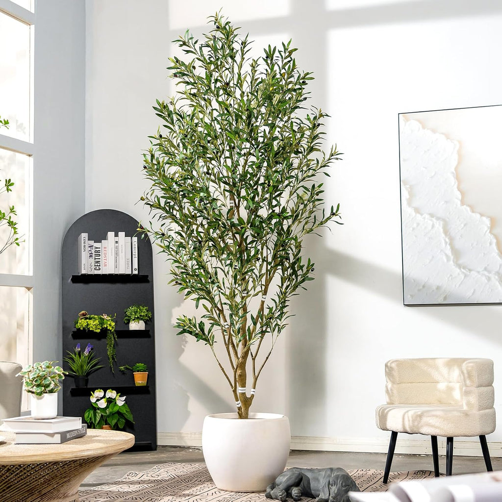 8ft Faux Olive Tree with White Pot & Moss, Artificial Olive Tree Indoor Outdoor, PE/PVC Leaves, Realistic Resin Trunk