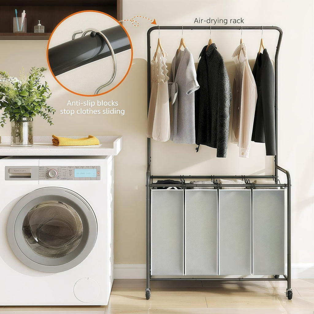 Laundry Hamper Sorter Cart, 4 Section Organizer with Hanging Bar