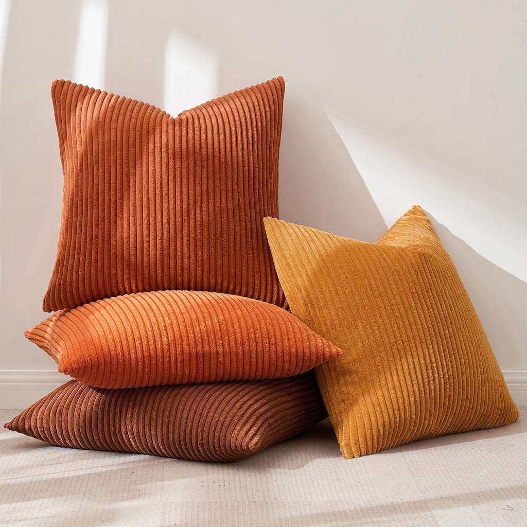 Fall Corduroy Decorative Throw Pillow Covers Orange Rust 18x18