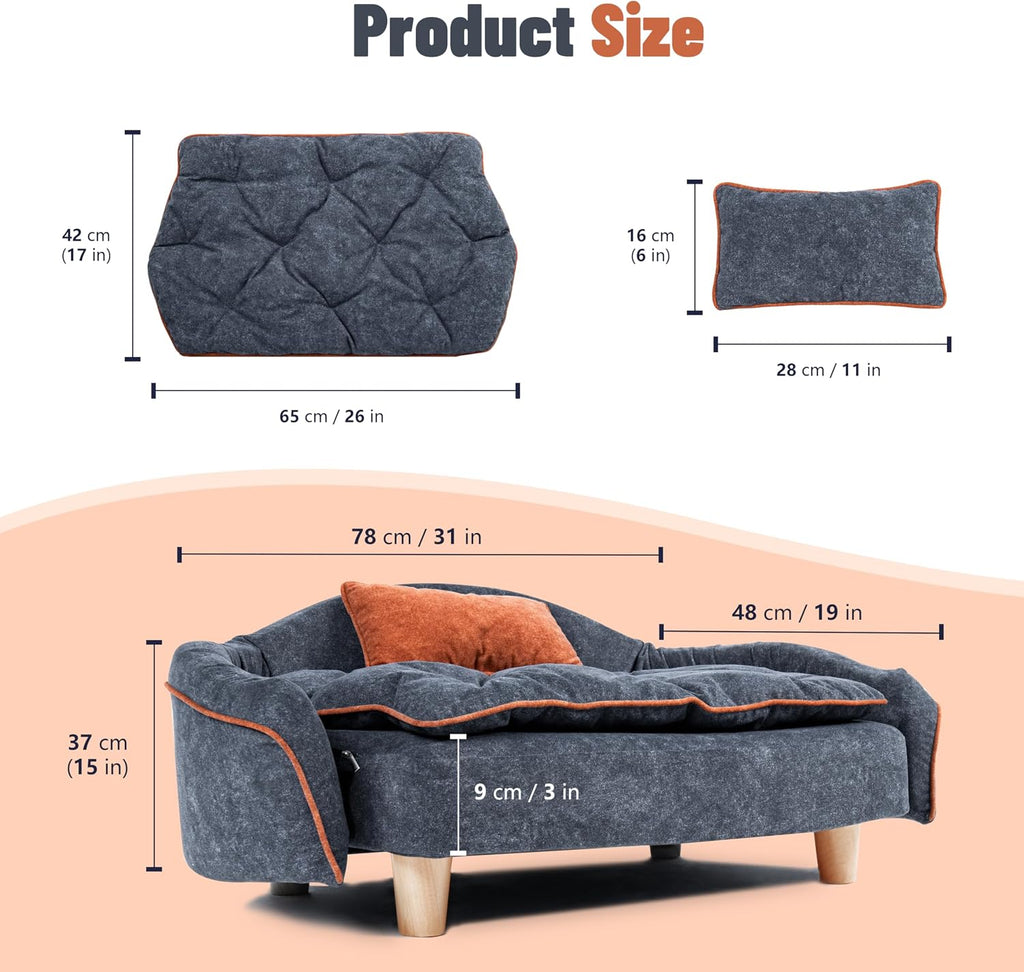 Elevated Small Dog Couch Bed with Bolster Sides, Raised Small Dog Sofa Bed with Headrest Pillow, Velvet Washable