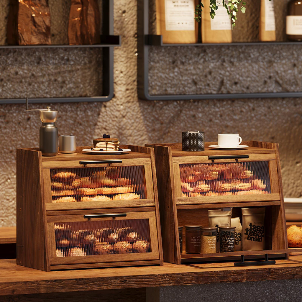 Countertop - Acacia Wood, Wavy Acrylic Door, 2-Layer Bread Storage Container, Large Bread Holder