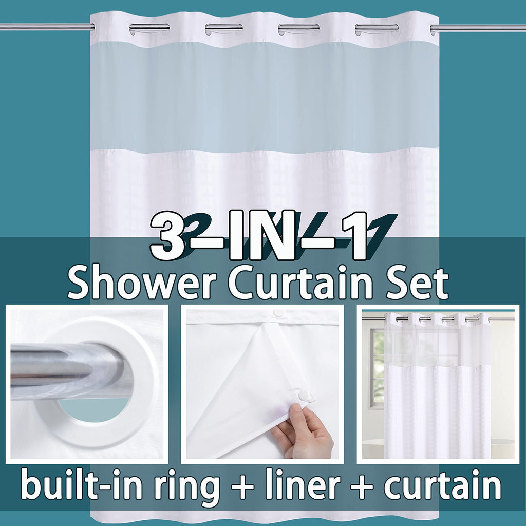 Extra Wide No Hook Shower Curtain with Snap in Liner Set, 108" x 74" Hotel Luxury White Shower Curtains with See