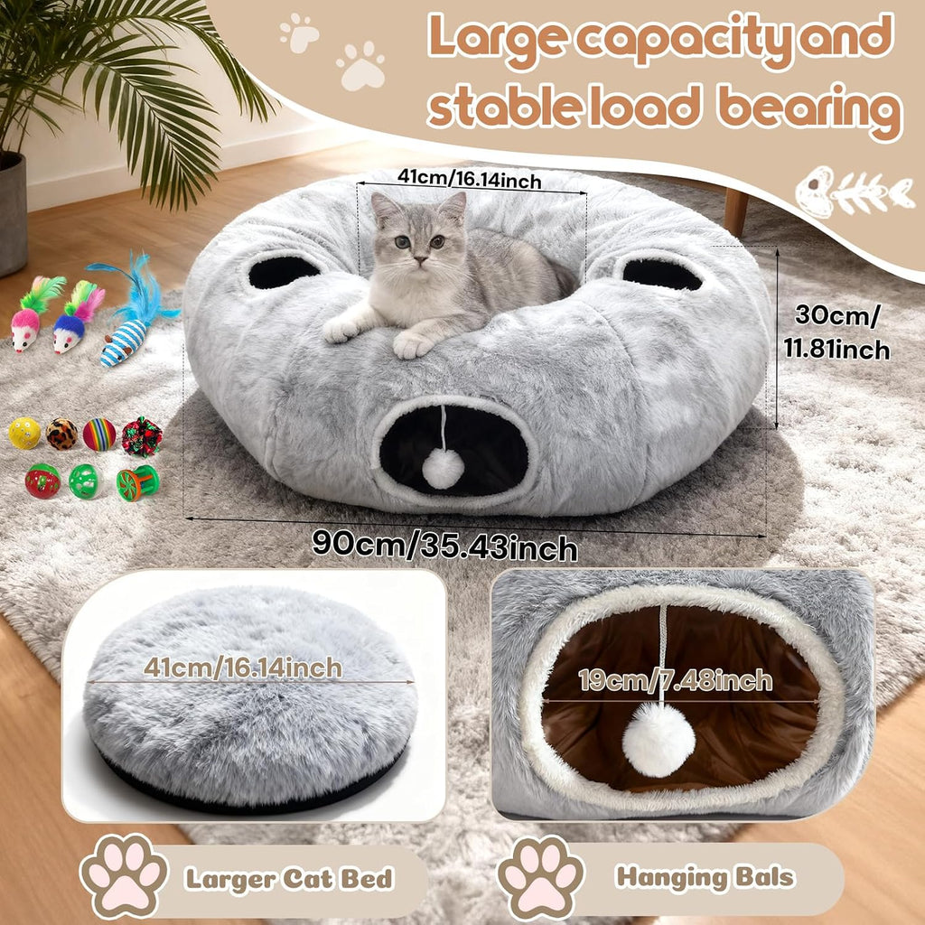 4-Holes Cat Tunnels for Indoor Cats, Plush Donut Cat Bed Tunnel Grey