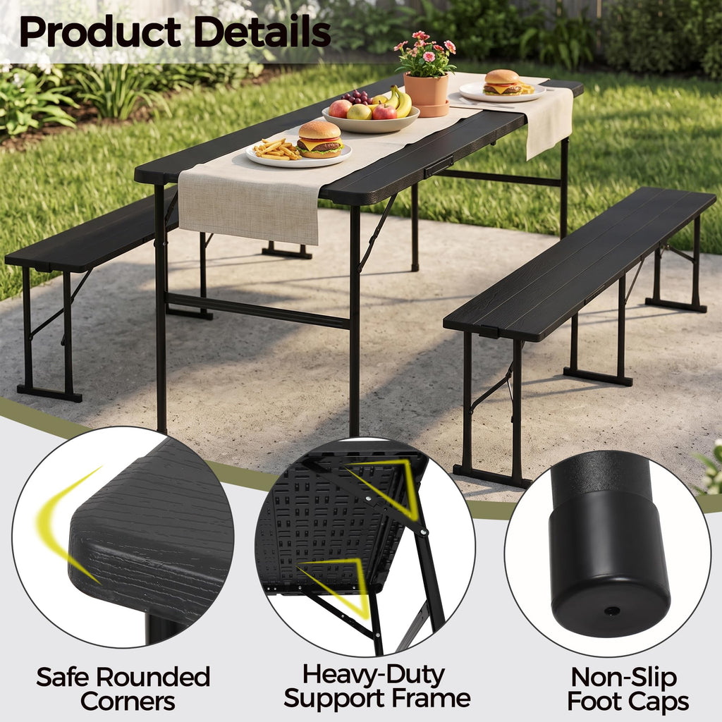Folding Table Set with 2 Benches, 5.8 FT Camping Picnic Table Set, Outdoor Indoor Portable Furniture for Working
