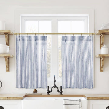 Navy Blue Kitchen Curtains, Ticking Stripe Cafe White Farmhouse 24 Inch Length Linen Sheer Ocean Nautical Curtains
