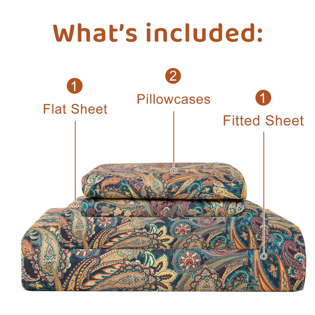 Boho Bed Sheets Queen Size - 100% Egyptian Cotton Sheets Elegant Paisley Flower Pattern Printed Bedding Sheets Queen