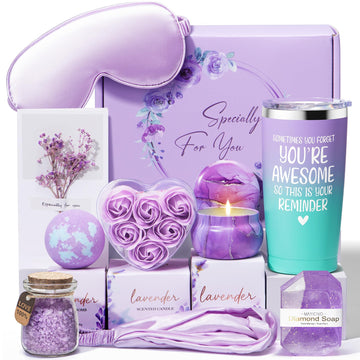 Birthday Gifts for Women Friendship, Lavender Relaxing Spa Gifts Basket for Women, Self Care Thank You Gift Bath Set
