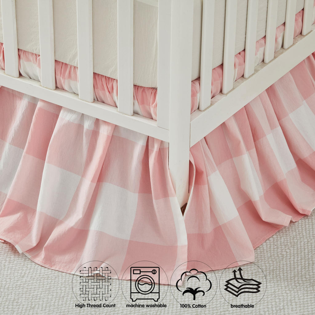 Gingham Gathered Crib Skirt, Baby Boy, Baby Girl, Gender Neutral Crib Skirt, 100% Cotton, 4-Sided, Light Pink Plaid