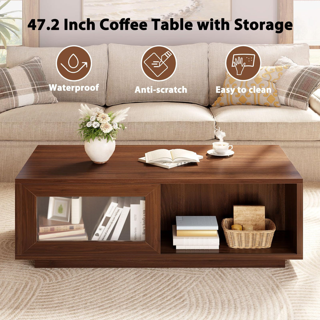 47 Inch Walnut Coffee Table with Storage