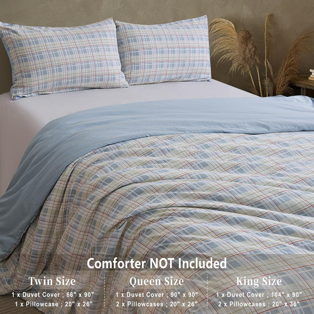 Vintage Reversible Plaid Duvet Cover Set, 100% Washed Microfiber Linen-Feel 3-Piece Bedding, Elegant Printed Check