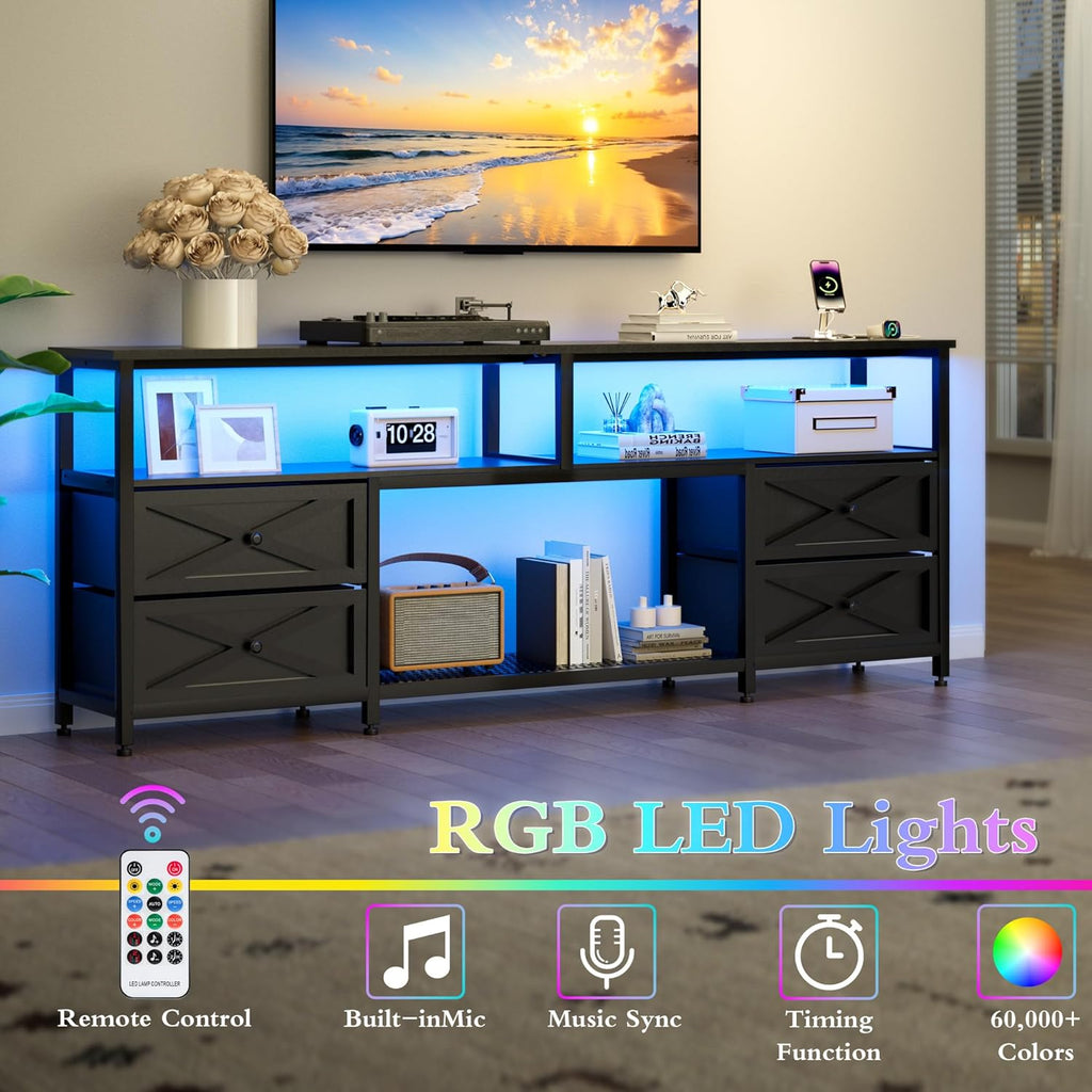 TV Stand with Fabric Drawers for 65 70 75 Inches TV - Entertainment Center with Open Storage Shelf, Power Outlets &