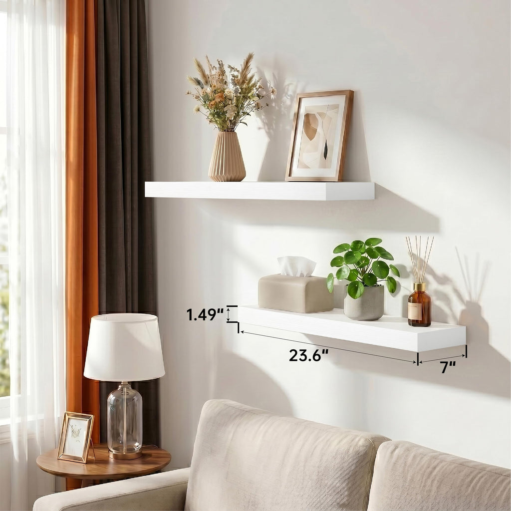 White Floating Wall Shelves, 24 Inch Shelf Set of 2