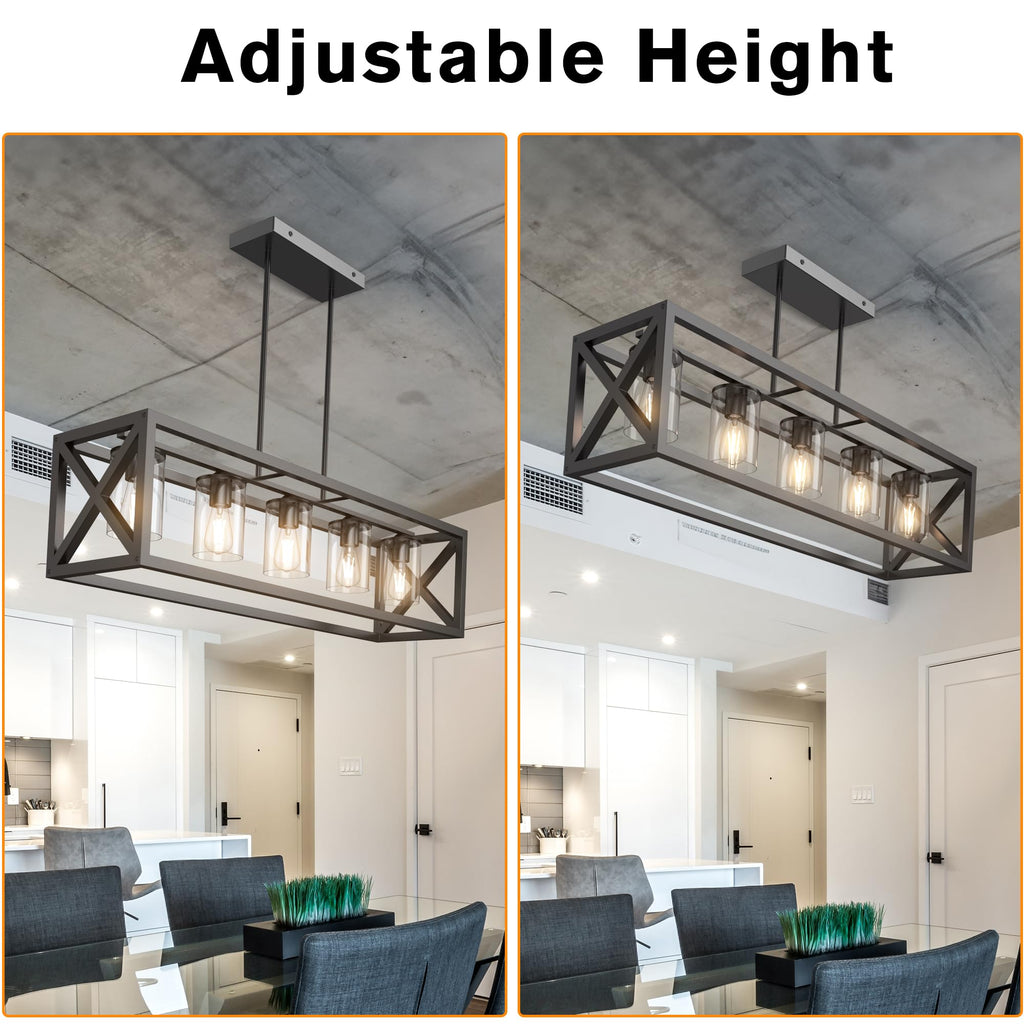 Farmhouse Dining Room Light Fixture - 5 Light Matte Black Rectangle Light Fixture with Adjustable Height & Thickened