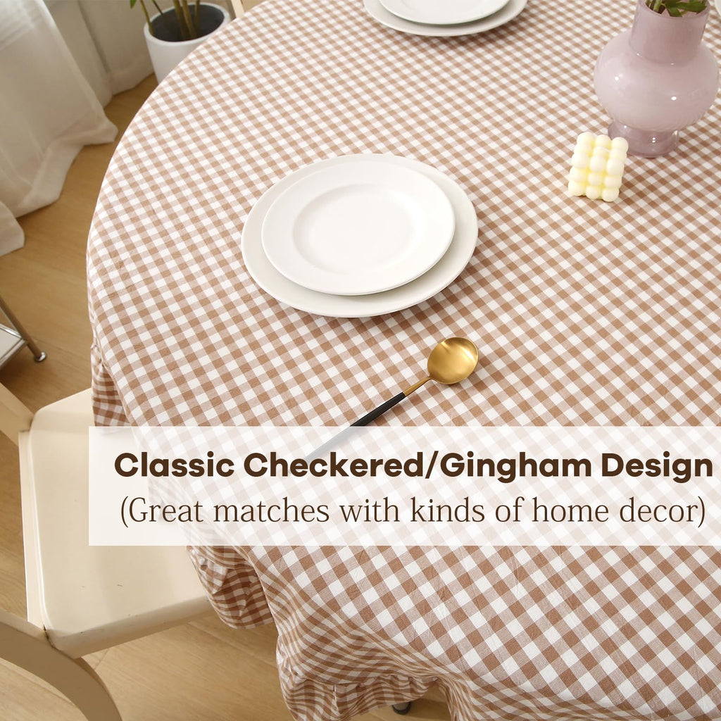 Taupe White Gingham Tablecloth Round Dia.90"